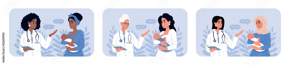 National Pediatrician Day baner. A pediatrician and a mother with a baby in her arms of different races and ages. Male and female doctors talking to patients during consultation. National Pediatrician Day baner. A pediatrician and a mother with a baby in her arms of different races and ages. Male and female doctors talking to patients during consultation.