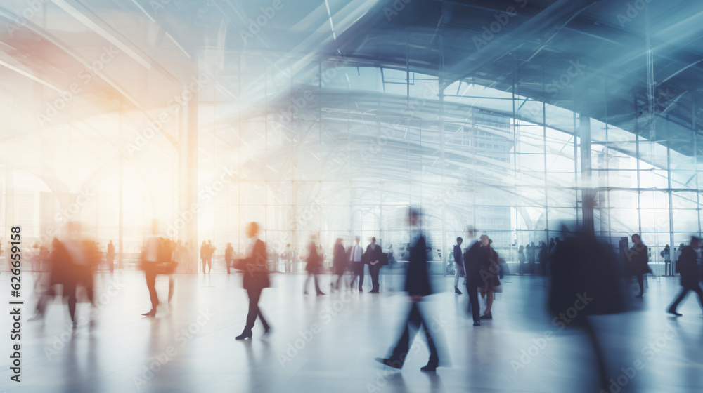 Blurred figures of business professionals strolling at an expo, conference, or within a contemporary hall, demonstrating motion speed blur, broad panoramic banner


Generative AI