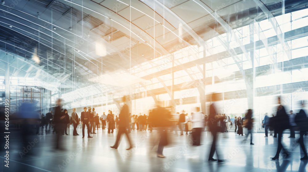 Blurred figures of business professionals strolling at an expo, conference, or within a contemporary hall, demonstrating motion speed blur, broad panoramic banner


Generative AI