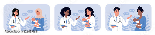 National Pediatrician Day baner. A pediatrician and a mother with a baby in her arms of different races and ages. Male and female doctors talking to patients during consultation.