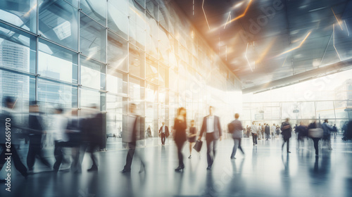 Blurred figures of business professionals strolling at an expo, conference, or within a contemporary hall, demonstrating motion speed blur, broad panoramic bannerGenerative AI