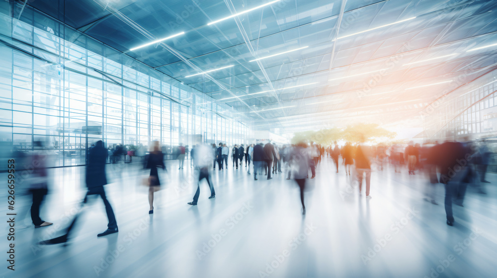 Blurred figures of business professionals strolling at an expo, conference, or within a contemporary hall, demonstrating motion speed blur, broad panoramic banner


Generative AI