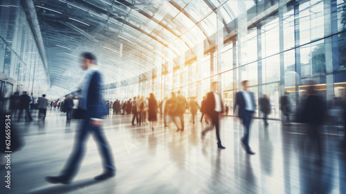 Blurred figures of business professionals strolling at an expo, conference, or within a contemporary hall, demonstrating motion speed blur, broad panoramic bannerGenerative AI