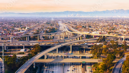 Aerial view of a freeway intersection in Los Angeles. 