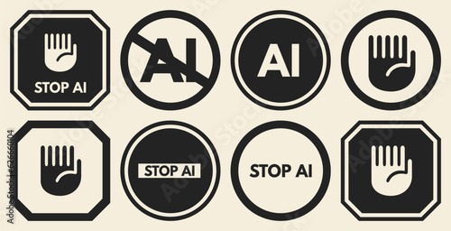 No to artificial intelligence. Six fingers hand. Stop sign, icon, logo