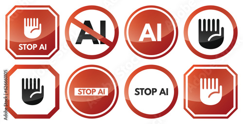 No to artificial intelligence. Six fingers hand. Stop sign, icon, logo