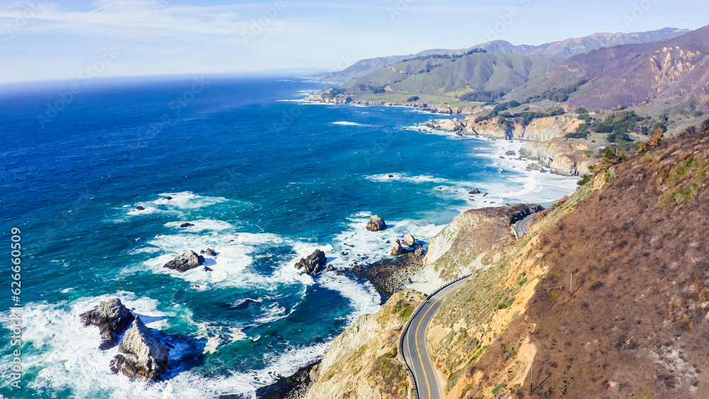 Obraz premium Big Sur coastline panorama at sunset, California, USA. Route 1 Big Sur California. A panoramic view of the Big Sur coastline along California.