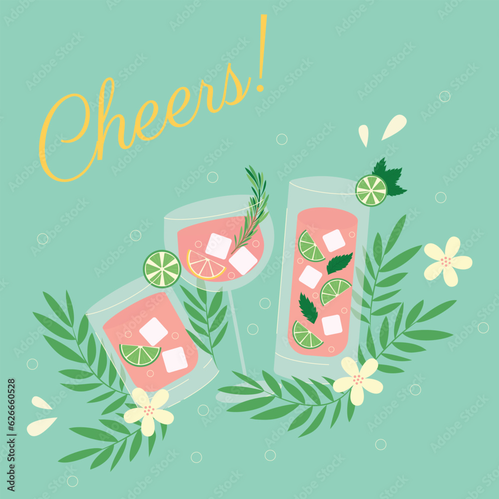 Naklejka premium Cocktail festival. Cocktail, fresh juice, lemonade, summer beverage. Beach summer party poster. Bar cheers vector illustration