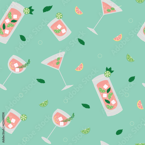 Cocktail festival pattern. Seamless bartender pattern, cocktail bar. Summer cocktails seamless pattern for Festival. Mojito, martini, gin&tonic, whiskey, spritz, lemonade.