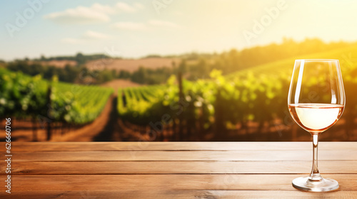 An empty wooden tabletop features a glass of wine, set against the blurred backdrop of a vineyard landscape, ready for product display or montage. This represents the concept of winery agriculture, ai