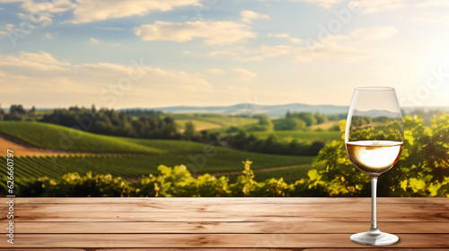 An empty wooden tabletop features a glass of wine  set against the blurred backdrop of a vineyard landscape  ready for product display or montage. This represents the concept of winery agriculture  ai