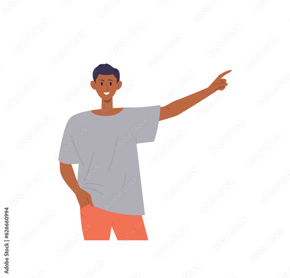 Young smiling positively teenager guy pointing with forefinger to left standing on white background Young smiling positively teenager guy pointing with forefinger to left standing on white background