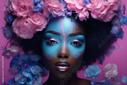 Portrait of beautiful afro american lady with pastel flowers and blue face painting details on her skin. Artistic creative idea with pretty model. Summer concept. Illustration, Generative AI.