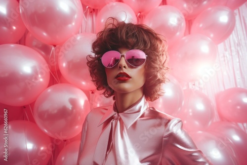 Beautiful woman in sunglasses among pastel pink balloons. Fashion vintage style with happy lady posing. Creative summer illustration, Generative AI.