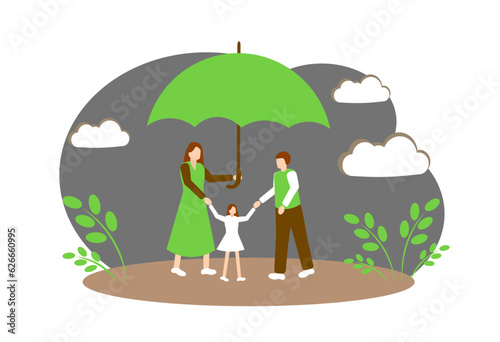 Family with an umbrella. Mom, dad and daughter. Vector illustration isolated on white background.