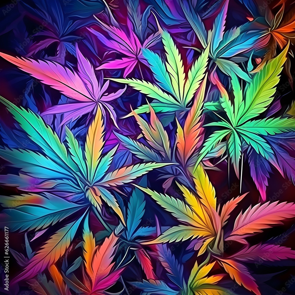 An Illustration of Marijuana Leaves in Psychedelic Neon Lights