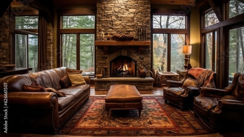 Living room decor, home interior design . Traditional Rustic style with Fireplace decorated with Wood and Stone material . Generative AI AIG26. photo