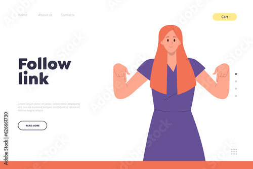 Follow link invitation for landing page design template with woman cartoon character pointing down