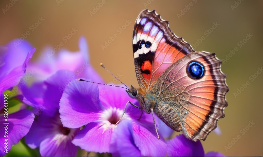 Macro Photo of Peacock Pansy Butterfly in pink flower Macro Photo of Peacock Pansy Butterfly in pink flower