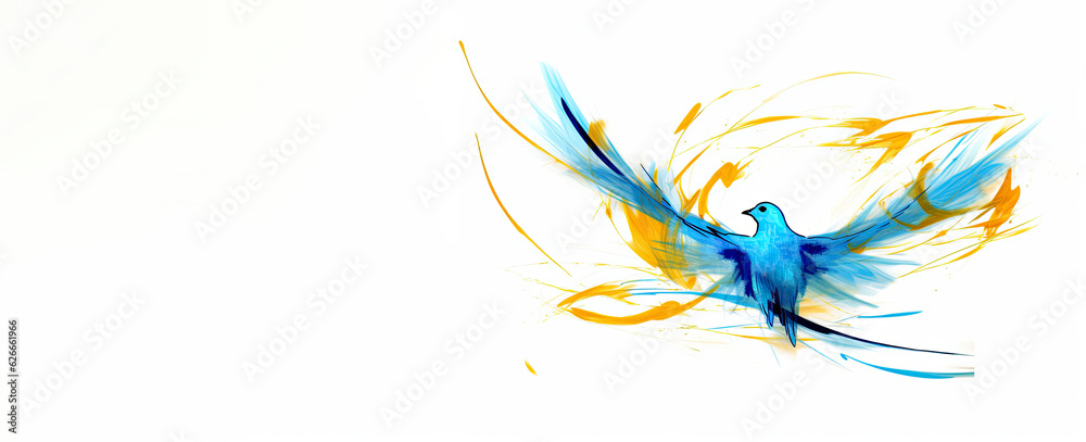 Obraz premium Dove as a symbol of peace, in the style of light blue and yellow on white background, Ukrainian conflict peace concept