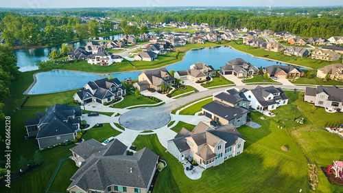 Large pond rich neighborhood cul-de-sac million-dollar homes mini mansions US houses high-end aerial