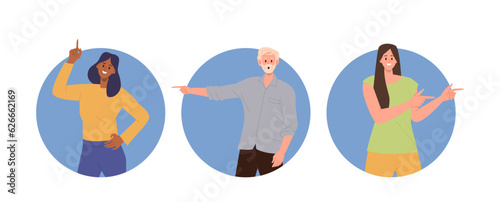 Isolated set of round composition with happy smiling people cartoon character pointing forefinger