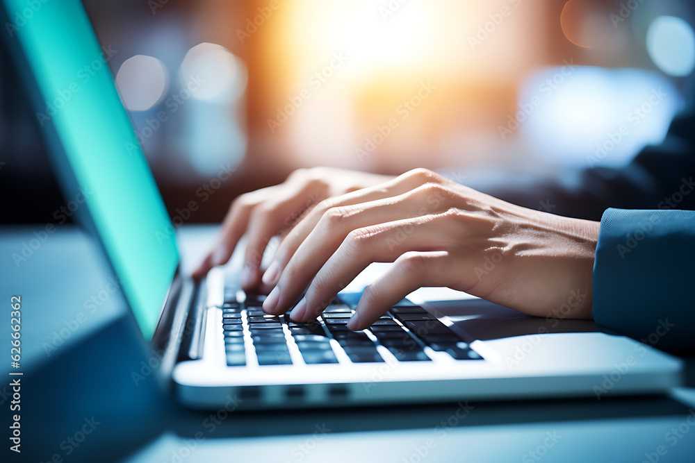 A pair of female hands typing on a silver work laptop as she gets tasks done. Natural light. Generative AI. A pair of female hands typing on a silver work laptop as she gets tasks done. Natural light. Generative AI.