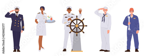 Yacht or cruise ship liner sailors crew character cartoon people isolated set on white background photo