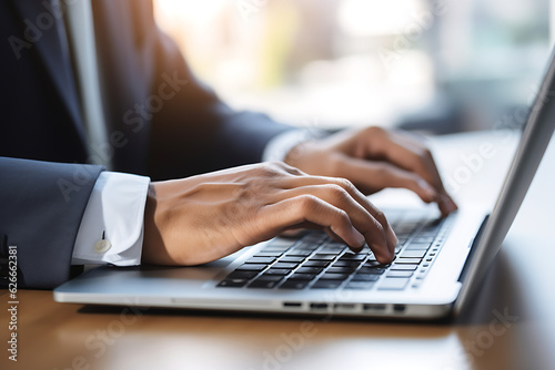 A pair of hands type on a work laptop keyboard during the working day. Office in the background. Natural light. Generative AI.