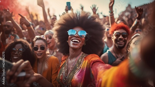 African American woman with afro crowd surfing looking at camera, crowd of fans at a concert, everyone is holding a iphone, colorful outfits, braids, cool sunglasses