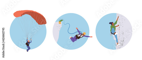 Set of composition icon with extreme sports people enjoying climbing, parachuting, bungee jumping