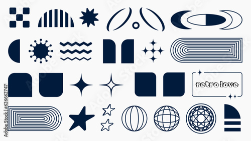 Set of retro geometric shapes, memphis forms, geometric emblems with primitive forms, y2k shapes, brutal design elements.