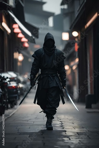A black ninja walking on the street with holding swords in his hand.