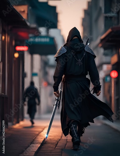 A black ninja walking on the street with holding swords in his hand.