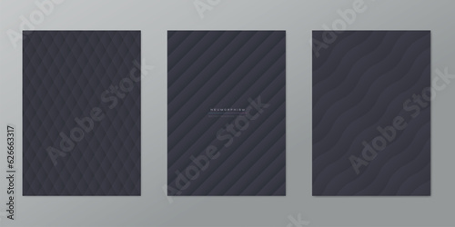 Vector abstract black background set with striped textured pattern. Paper with lines in neomorphism style EPS10
