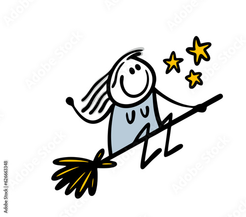 Cartoon female stickman witch is flying on a broomstick in the sky. Vector illustration of a girl with flowing hair and stars.
