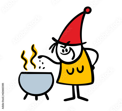 Insidious cartoon witch cooks a brew in a cauldron. Vector illustration of funny cook making a potion for witchcraft on Halloween.