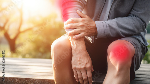 Man sitting down with knee and elbow pain, joint pain and arthritis concept, inflammation, copyspace photo