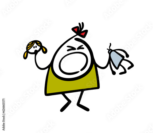 Fat apricious little girl broke a doll, tore off her head. Vector illustration of a cartoon baby crying and screaming.