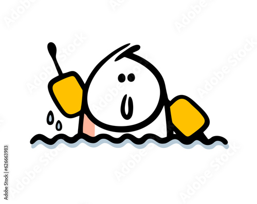 Little boy with armbands is swimming in the pool and waving his hand. Vector illustration of a vacation with a child on the beach by the water.
