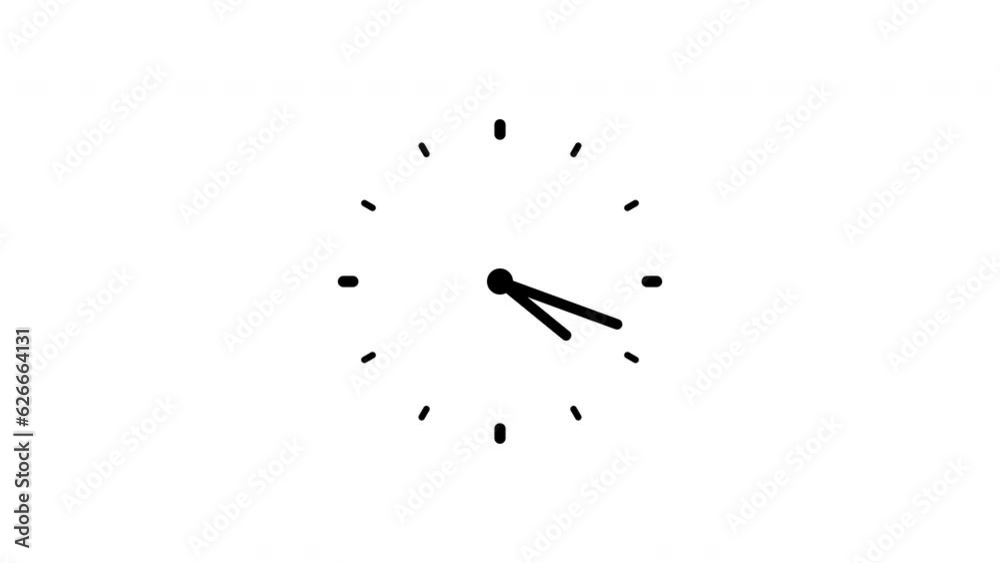 Animated black analog clock isolated on white background. Realistic timelapse.