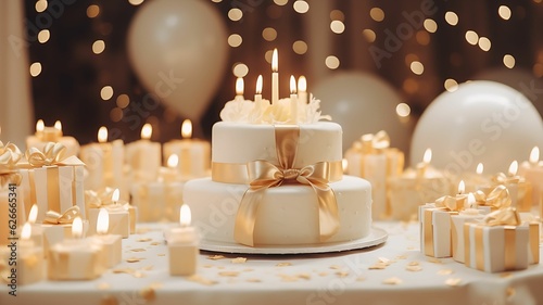 Cake with candles, birthday cake, wedding cake, white and gold, golden cake, white cake, gifts and candles, golden ribbon, sweet food, dessert, luxury cake, expensive food,