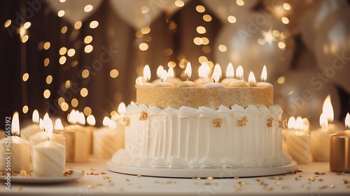 Cake with candles, cream, raining light, birthday cake, wedding cake, white and gold, golden cake, white cake, gifts and candles, golden ribbon, sweet food, dessert, luxury cake, expensive food,