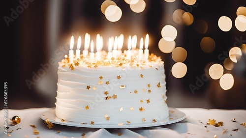 Cake with candles, birthday cake, wedding cake, white and gold, golden cake, white cake, gifts and candles, golden ribbon, sweet food, dessert, luxury cake, expensive food,