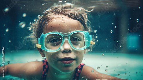 Underwater portrait of cute child swimming in pool wearing goggles