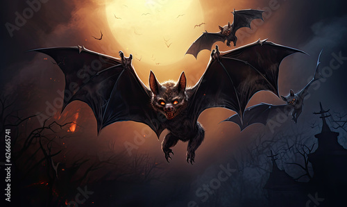 Spooky halloween bats.
Trick or treat.
Bats with dark castle and moon background.
Creepy silhouette of a vimpire.
Stock for a printed flyer.
AI generated illustration.