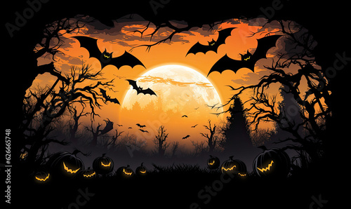 Spooky halloween bats.
Trick or treat.
Bats with dark castle and moon background.
Creepy silhouette of a vimpire.
Stock for a printed flyer.
AI generated illustration.