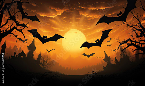 Spooky halloween bats.
Trick or treat.
Bats with dark castle and moon background.
Creepy silhouette of a vimpire.
Stock for a printed flyer.
AI generated illustration.