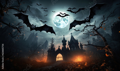 Spooky halloween bats.
Trick or treat.
Bats with dark castle and moon background.
Creepy silhouette of a vimpire.
Stock for a printed flyer.
AI generated illustration.