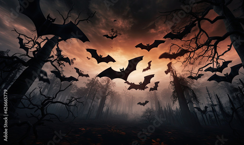 Spooky halloween bats.
Trick or treat.
Bats with dark castle and moon background.
Creepy silhouette of a vimpire.
Stock for a printed flyer.
AI generated illustration.